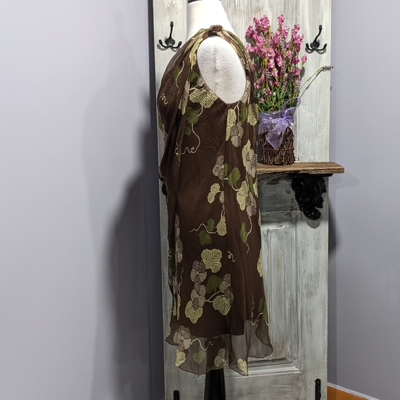 🤎 SOLD 🤎NWT M.S.S.P. brown silk floral one shoulder dress - Picture 2 of 6